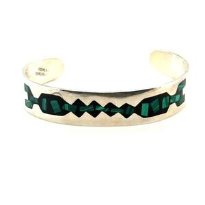 Vintage Mexico 925 Sterling Silver Malachite Onyx Inlay Cuff Bracelet 20.4g